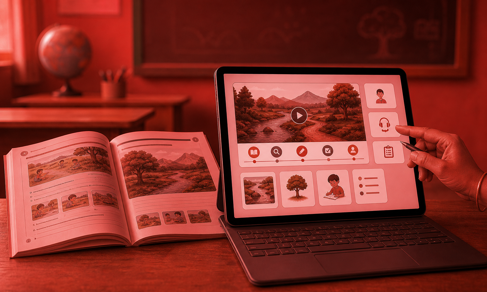 A teacher uses a calm chapter reader while students move between books, discussion and shared digital resources.