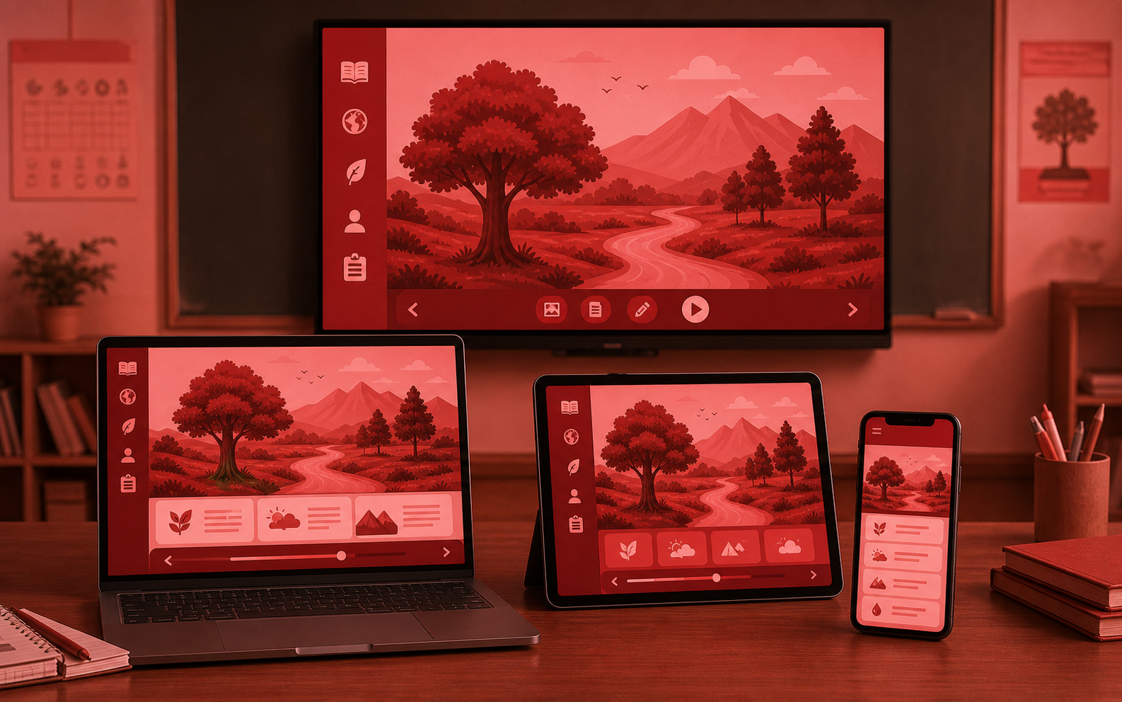 One approved chapter appears in role-specific layouts across a laptop, phone, tablet and interactive board.