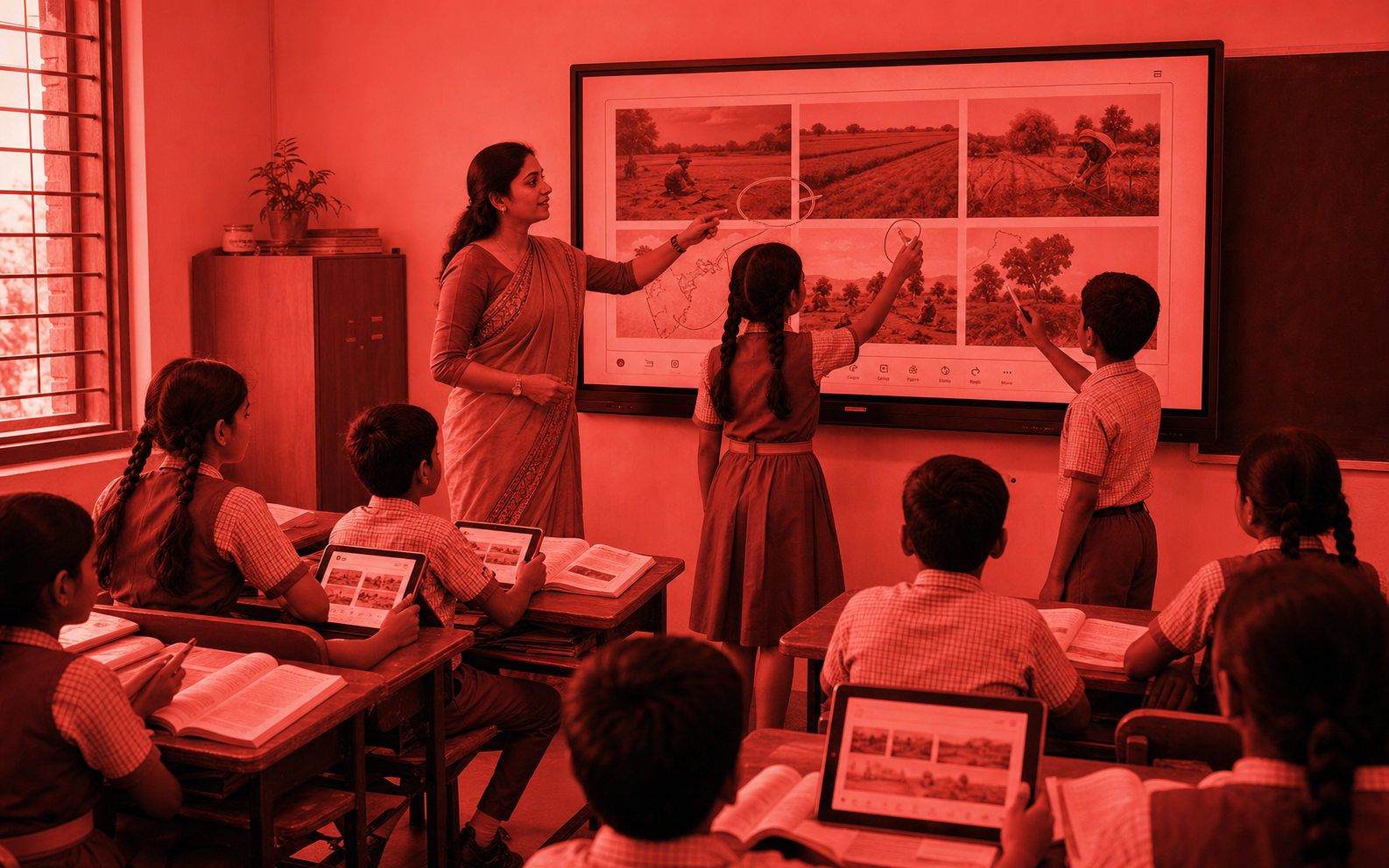 An Indian teacher leads an interactive lesson with clear board controls and active student participation.