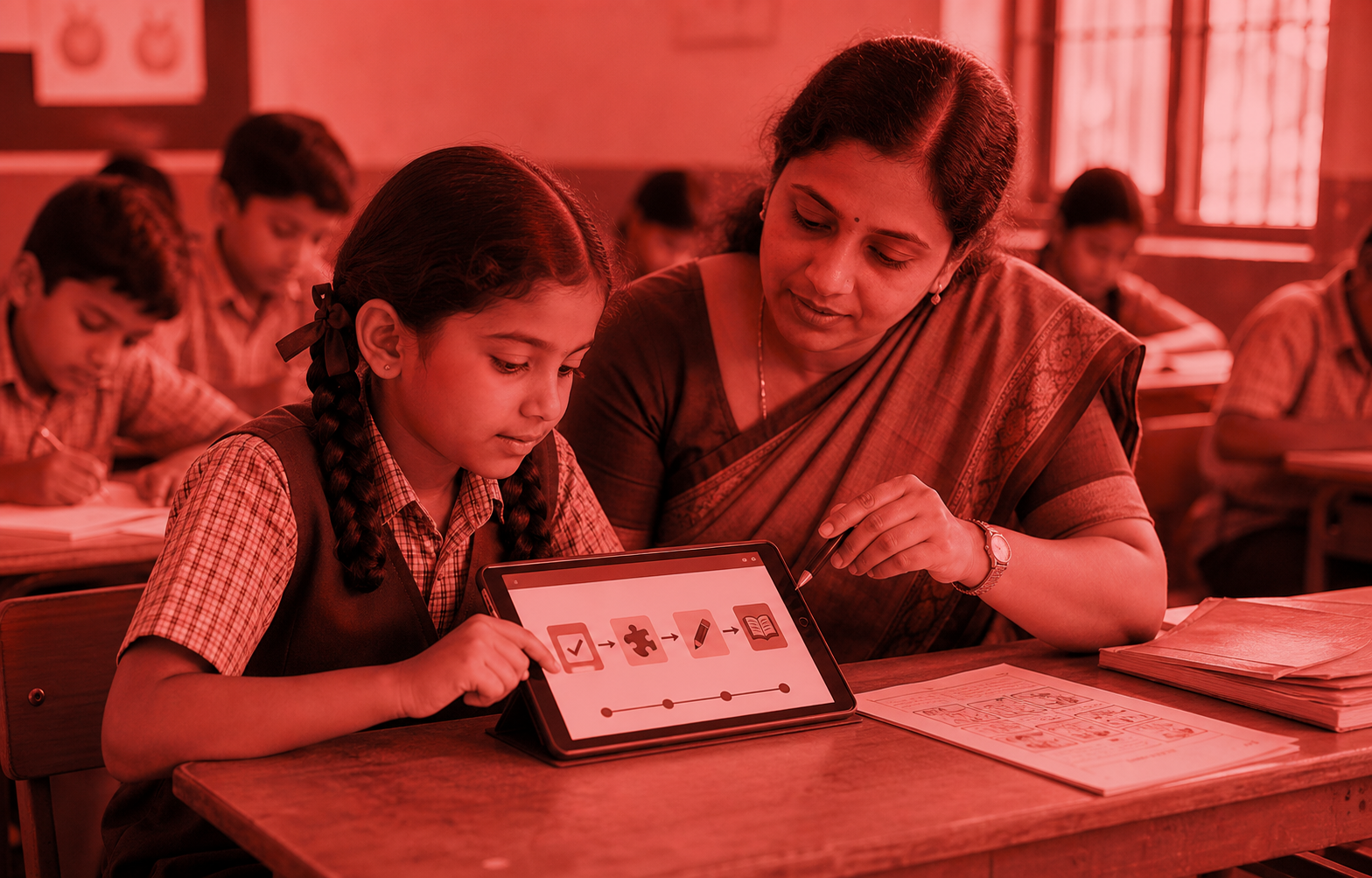 A learner journey moves from assessment to targeted practice and printable support, with the teacher in control.