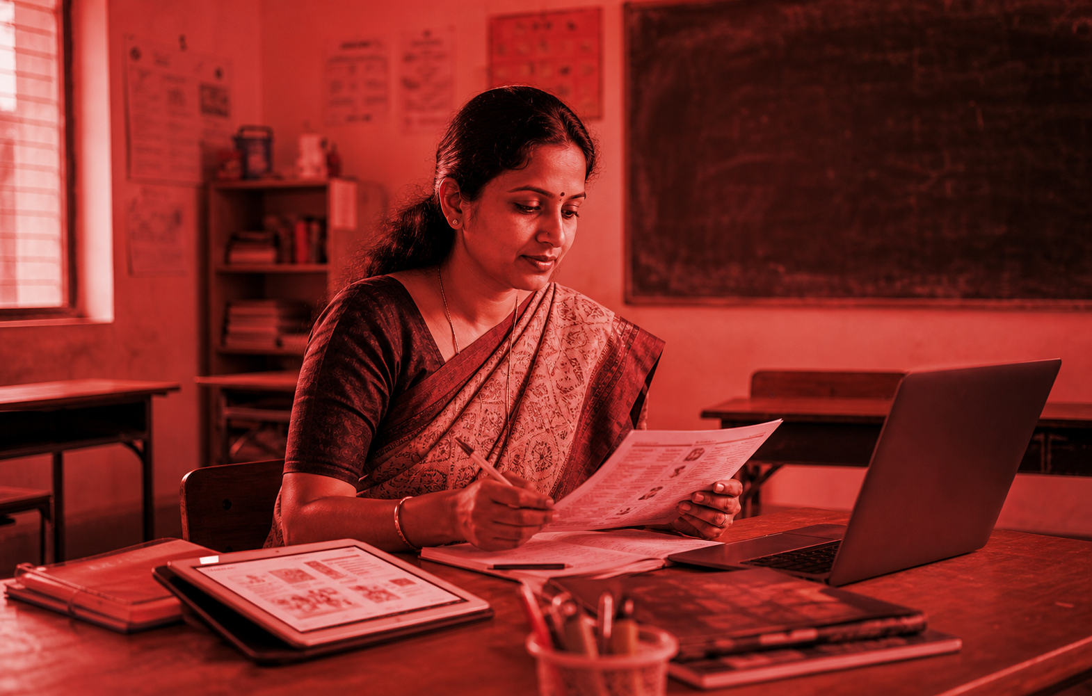 A teacher prepares one chapter across plan, teach, practise and review modes on a tablet or laptop.