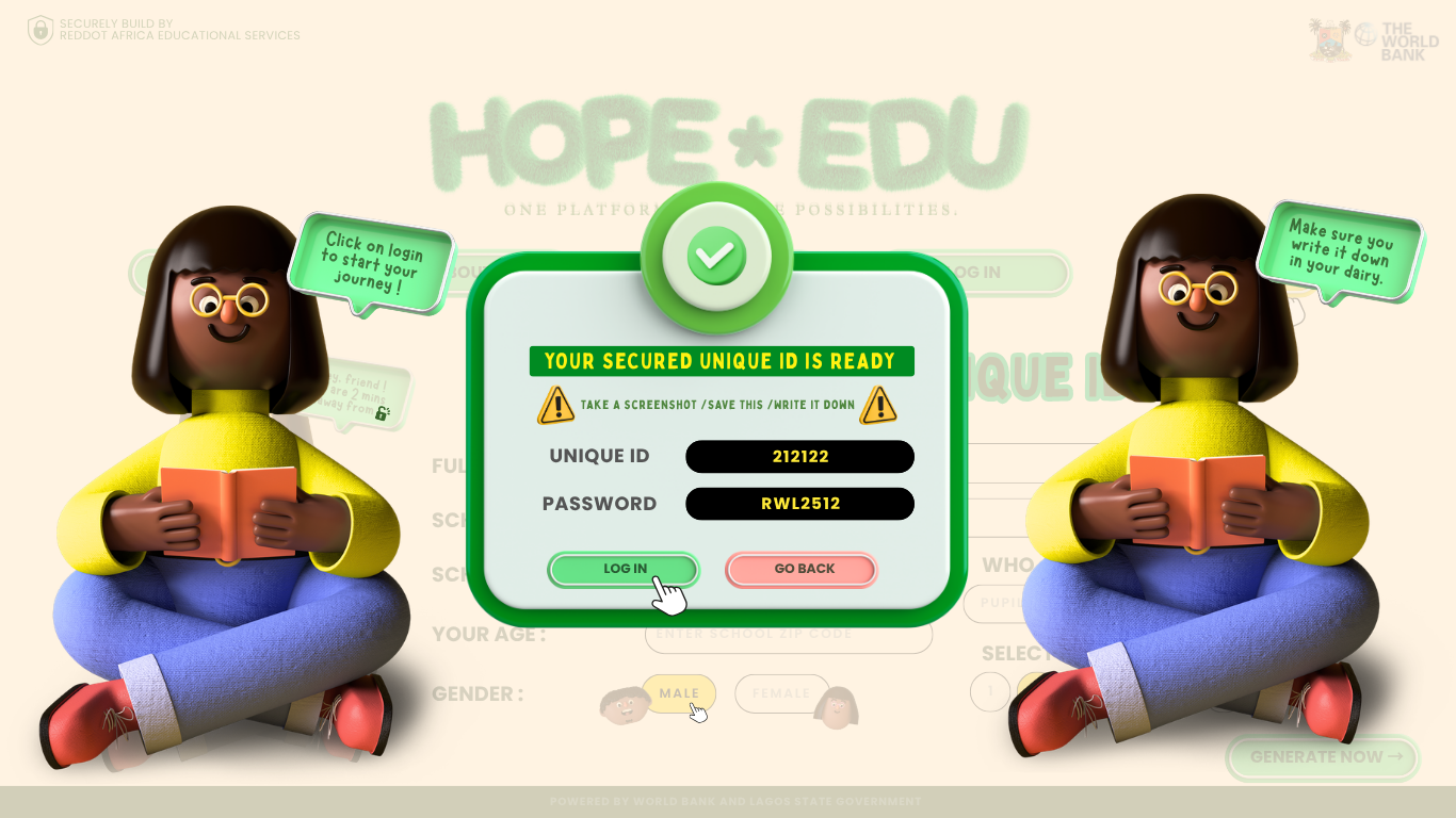 The full archival HOPE+EDU secure credential confirmation screen.