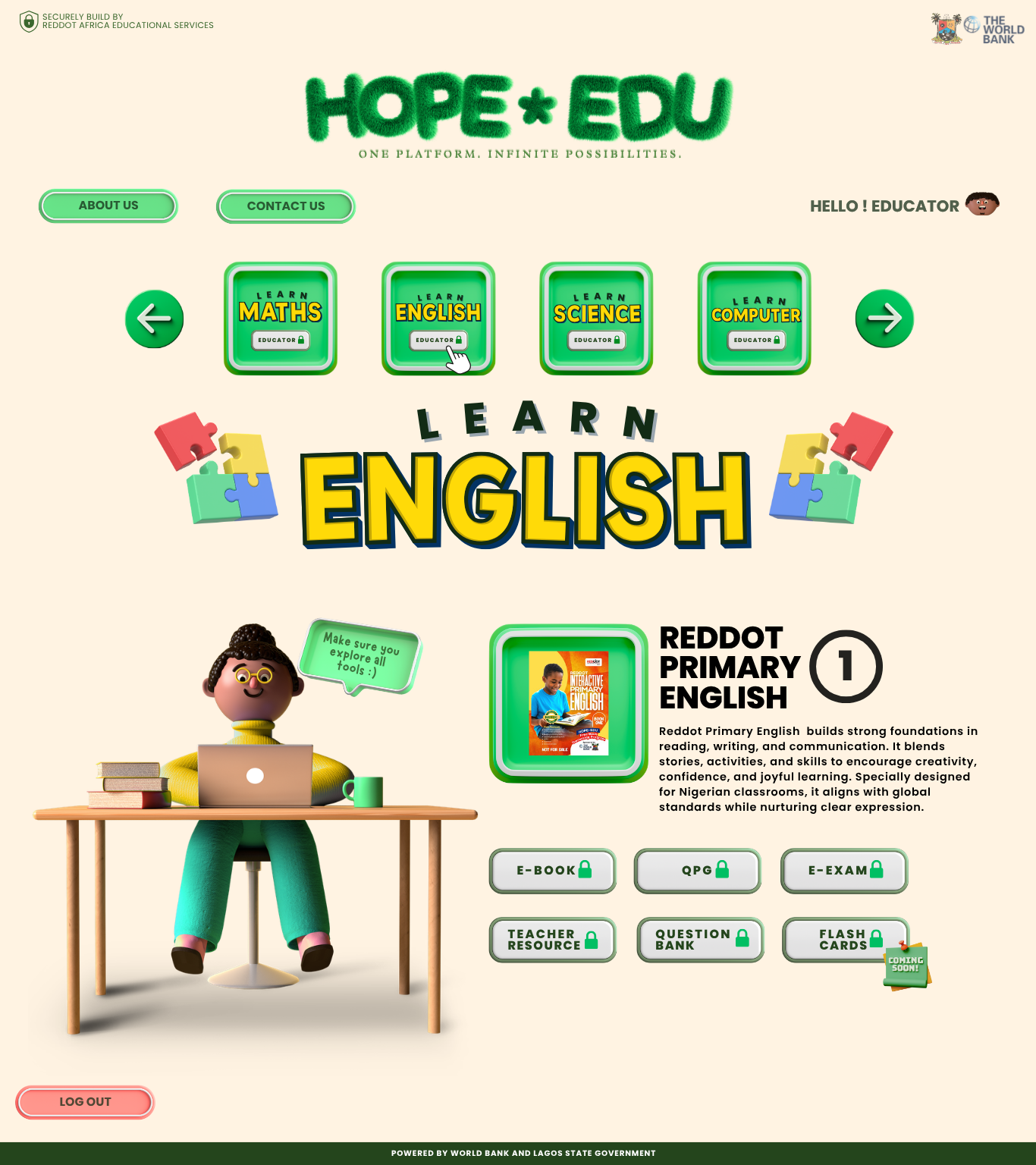 The full archival HOPE+EDU English learning screen with educator resources and subject tools.