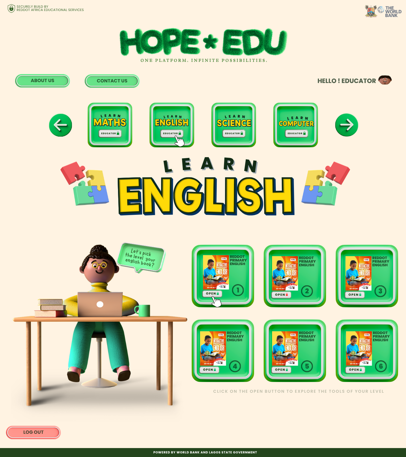 The full archival HOPE+EDU educator subject-selection and learning overview screen.