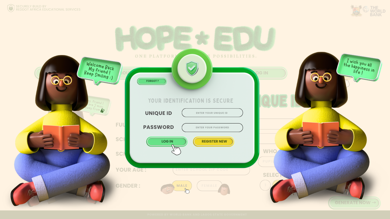 The full archival HOPE+EDU login screen with unique ID and password fields.