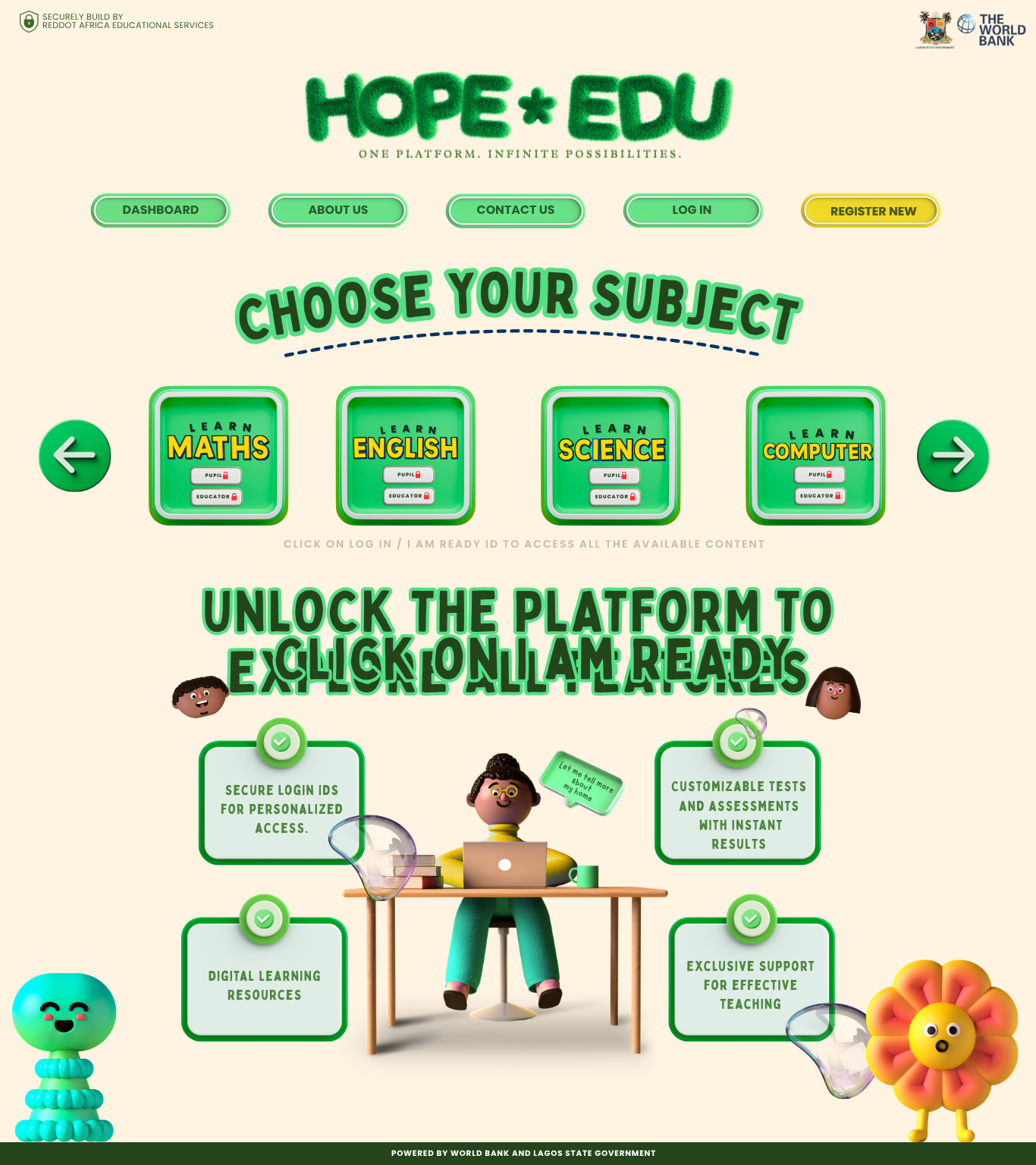 The full archival HOPE+EDU platform overview showing subject choices, secure access and teaching support.