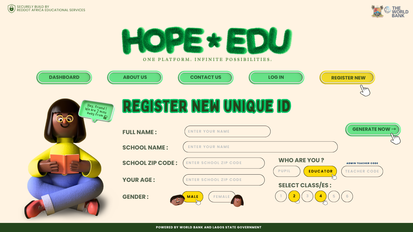 The full archival HOPE+EDU registration screen for creating a learner or educator account.