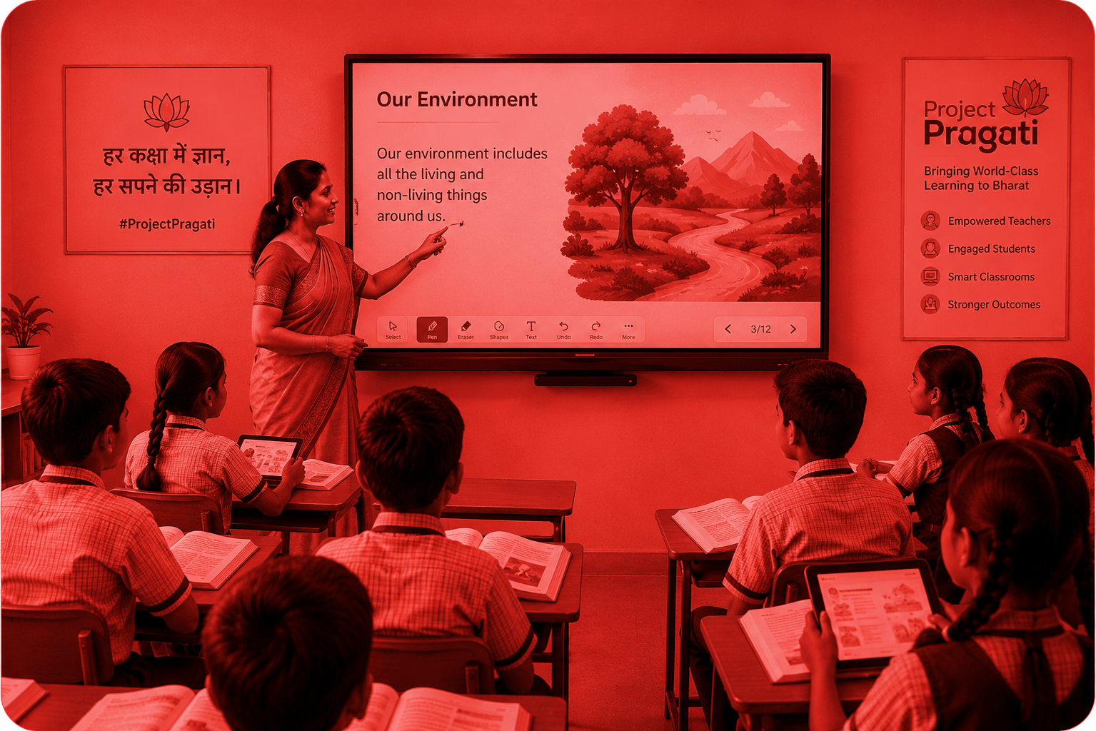 An Indian teacher leads an interactive classroom lesson while students learn with books, tablets and a smartboard.